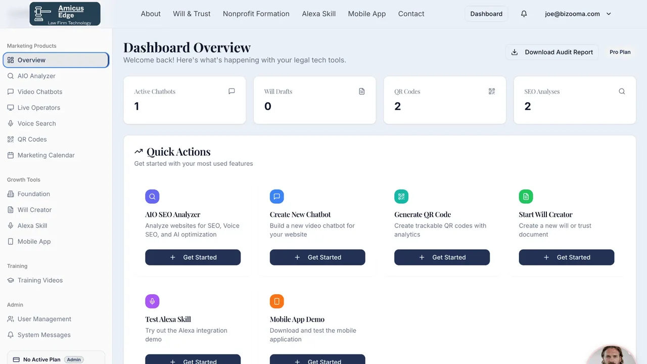 Amicus Edge dashboard overview showing tool counts and quick actions