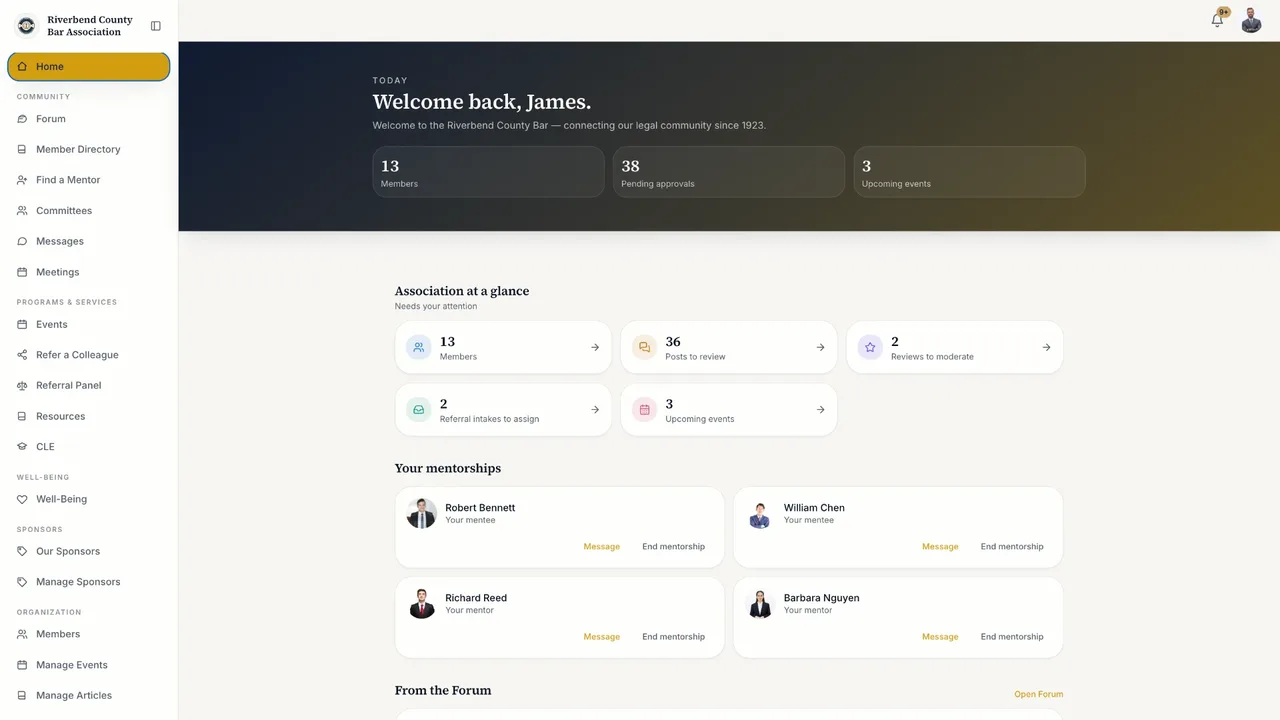 LexGuild bar association dashboard showing member, mentorship and forum activity